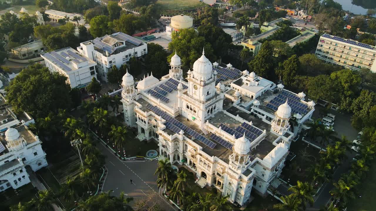Aerial drone shot displaying a panoramic view of King George’s Medical University in Lucknow, highlighting its iconic structures and academic blocks.