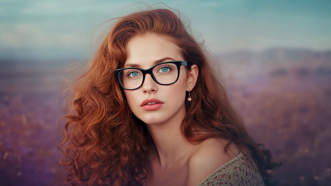 Opening close-up showing red-haired model holding steady gaze on plain, eyeglasses and crochet top