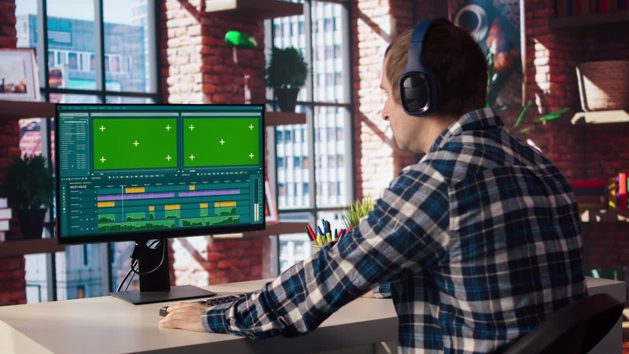 editor de video analizando el montaje de la película en la computadora chroma key