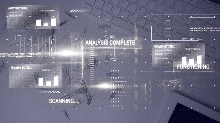 Animating of interface with data processing against paper clips falling on office table
