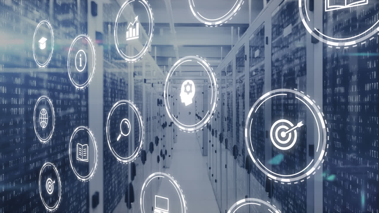 animación de múltiples iconos digitales y puntos de luz contra la sala del servidor de la computadora