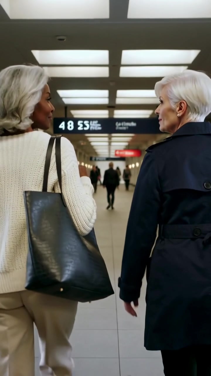 Vertical video: Walking two women heading toward platform sign and chatting, carrying black tote