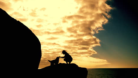 silhouette of a person and a dog at sunset