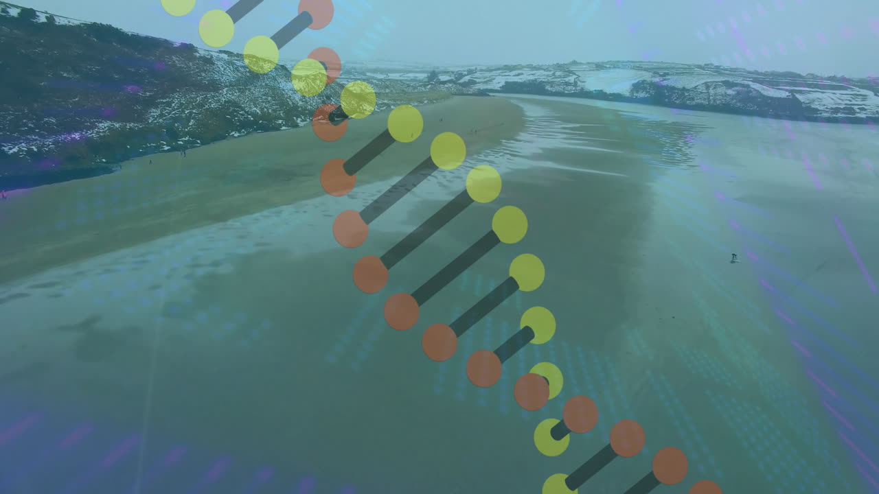 Alternating yellow and red circles being animated over aerial beach, with black bar connections