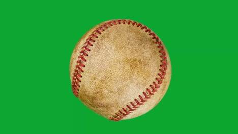 primer plano de una vieja pelota de béisbol girando en el fondo de la pantalla verde