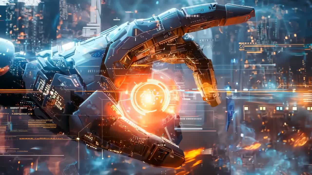 공중에서 미래의 장치를 들고 있는 미래의 손