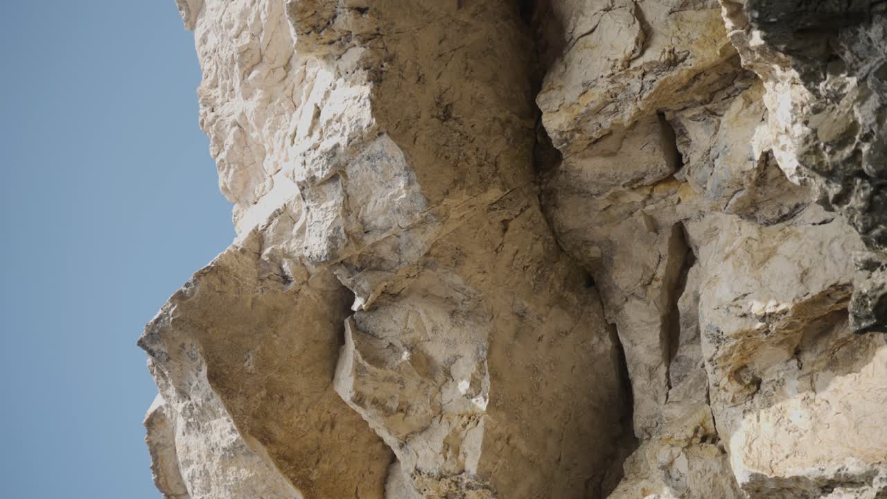 Limestone Rock Cliffs With Sunlight Reflections From The Ocean. Static Shot