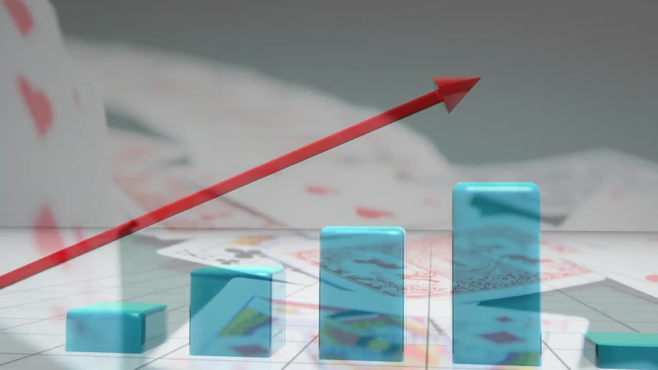 animación del gráfico con flecha roja y barras azules sobre las cartas que caen sobre una mesa