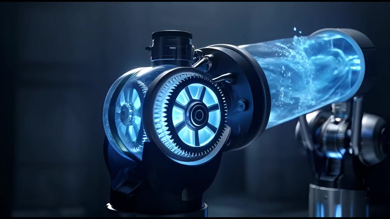 Brazo robótico avanzado procesando energía azul en un cilindro transparente