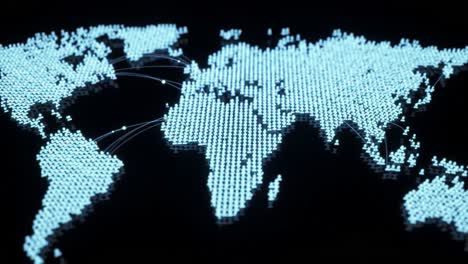 illuminated global map displaying digital connections and networks featuring nodes and lines depicting international relationships and data flow across continents