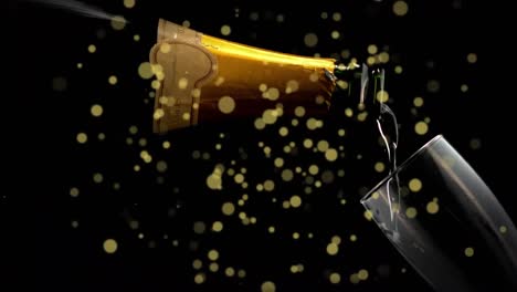 Animation-Von-Goldenen-Punkten-über-Champagner,-Der-Ins-Glas-Gegossen-Wird