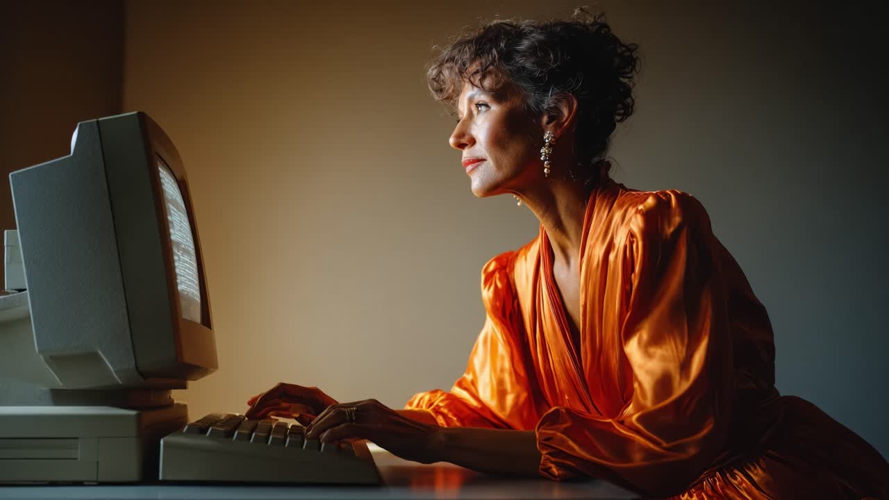 A woman in an elegant orange dress works intently at an old computer, embodying a blend of vintage technology and modern sophistication, capturing a nostalgic moment