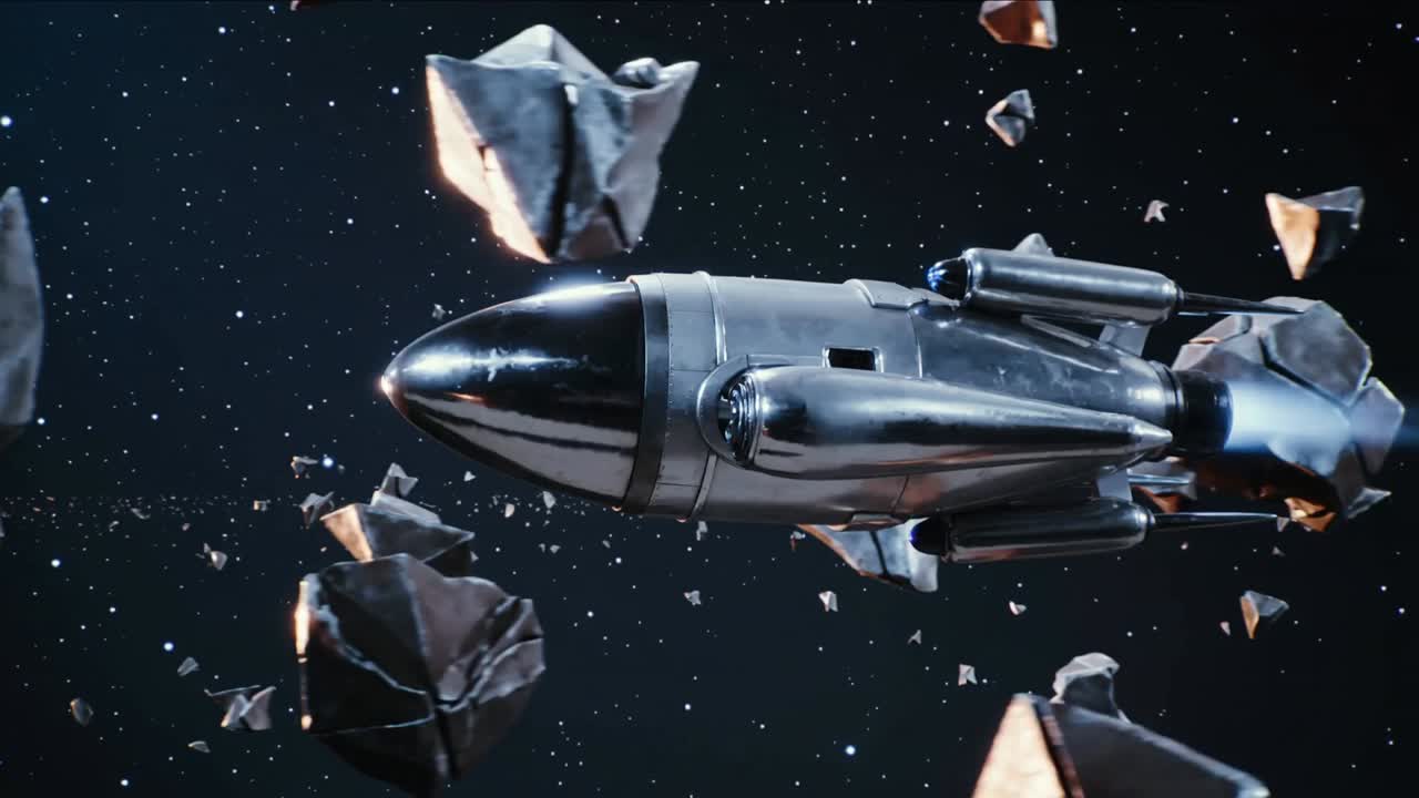 Engines glowing blue, rocket holding course in asteroid belt, trailing exhaust and left orange rim