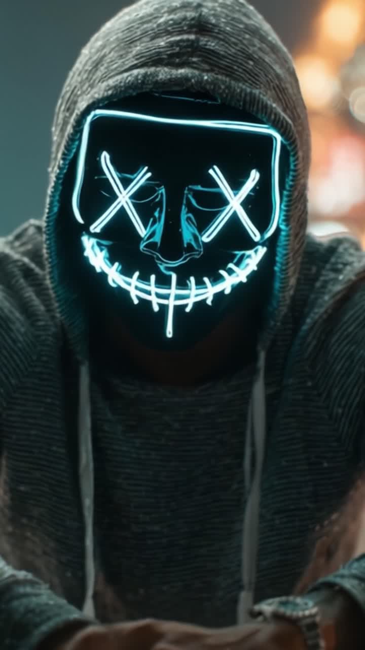 A Mysterious Figure in a Hooded Sweatshirt with a Neon-Lit Mask, Captured in a Cinematic Moment of Intrigue and Enigma