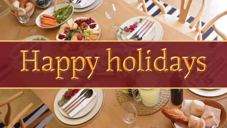 animación de felices vacaciones texto sobre la mesa con comida en navidad
