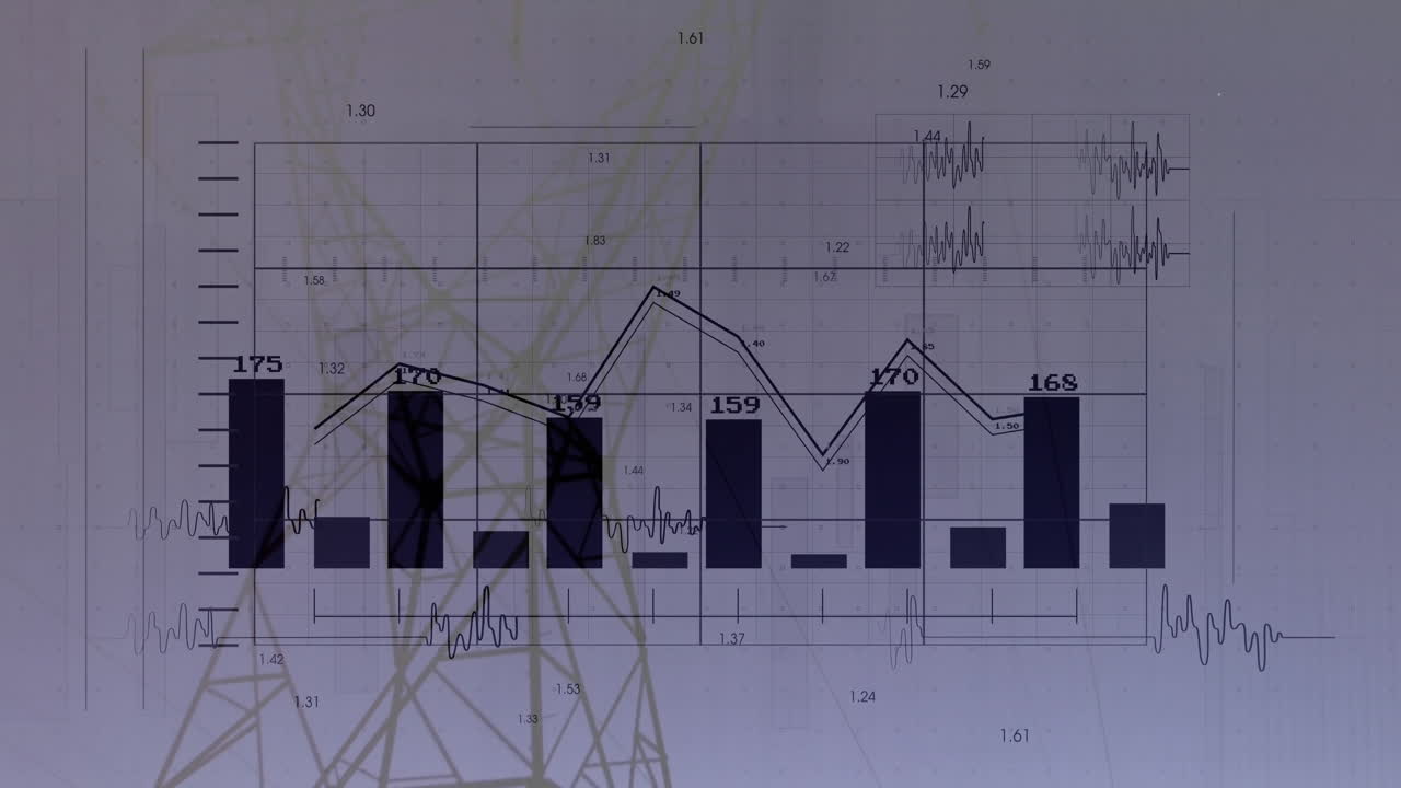 Energy data chart animating with navy bars, overlaid line graph and tower silhouette in flat design