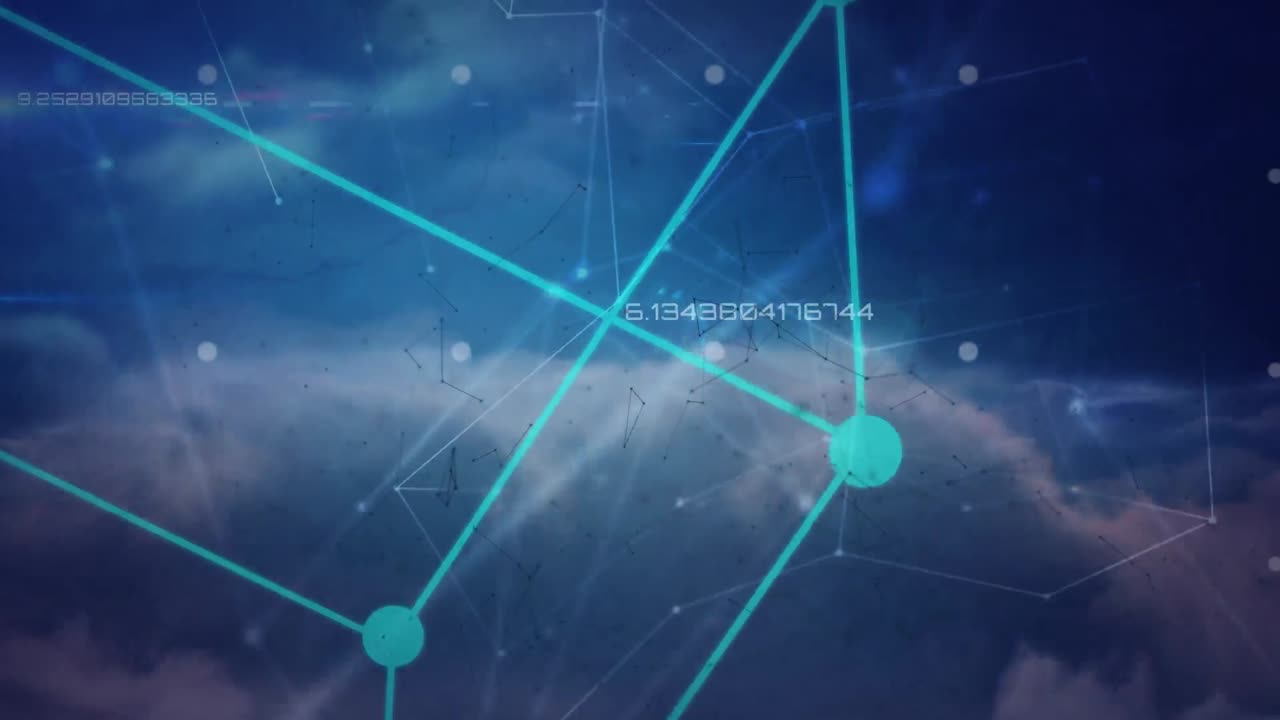 múltiples números cambiantes y una red de conexiones contra nubes en el cielo azul