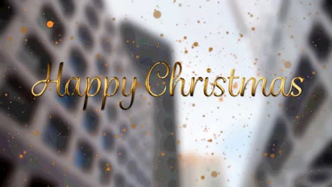 Animation-of-happy-christmas-text-with-orange-spots-falling-over-cityscape-background