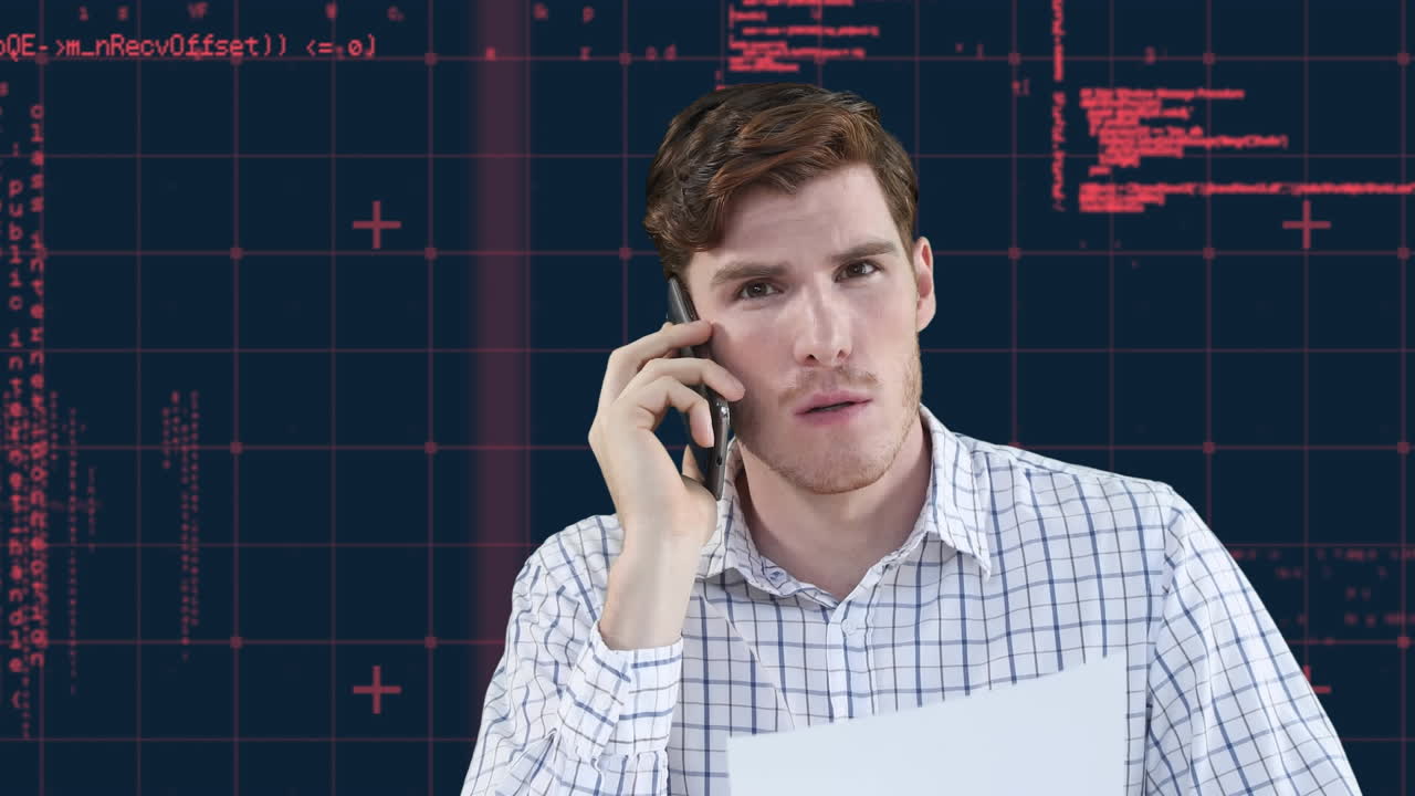 Animation of data processing and caucasian businessman talking on smartphone over gird