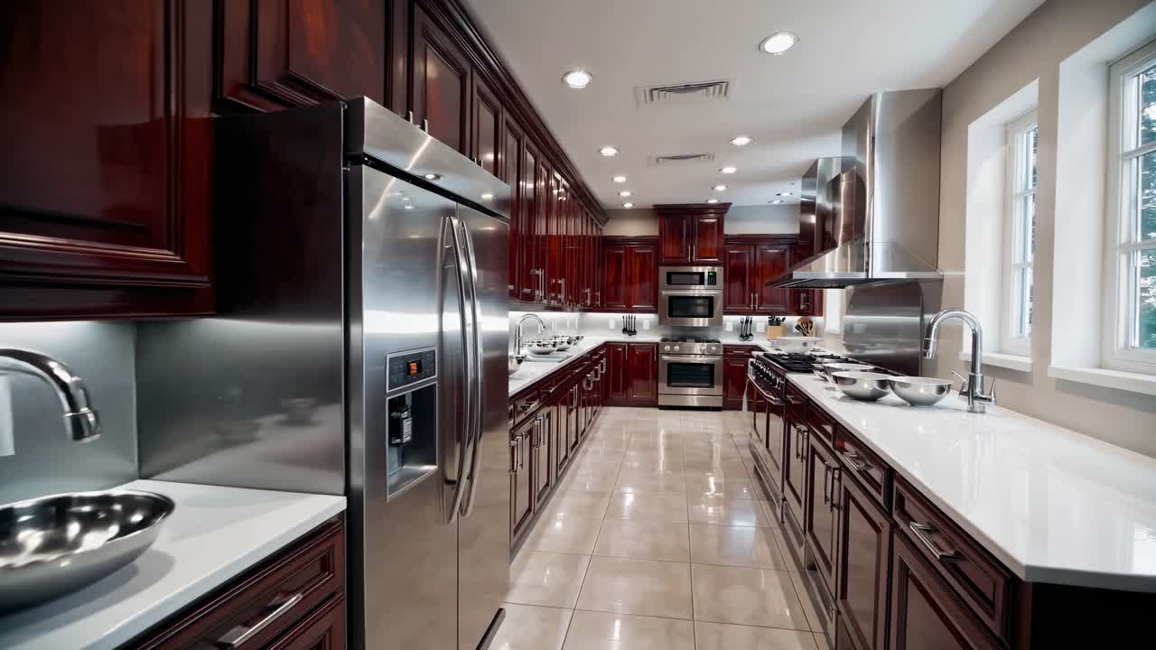 Wide-angle shot of a modern kitchen with stainless steel appliances and glossy wooden cabinets