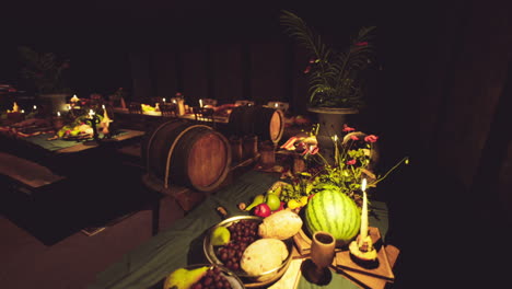 a vibrant table filled with various foods and drinks in a cozy setting