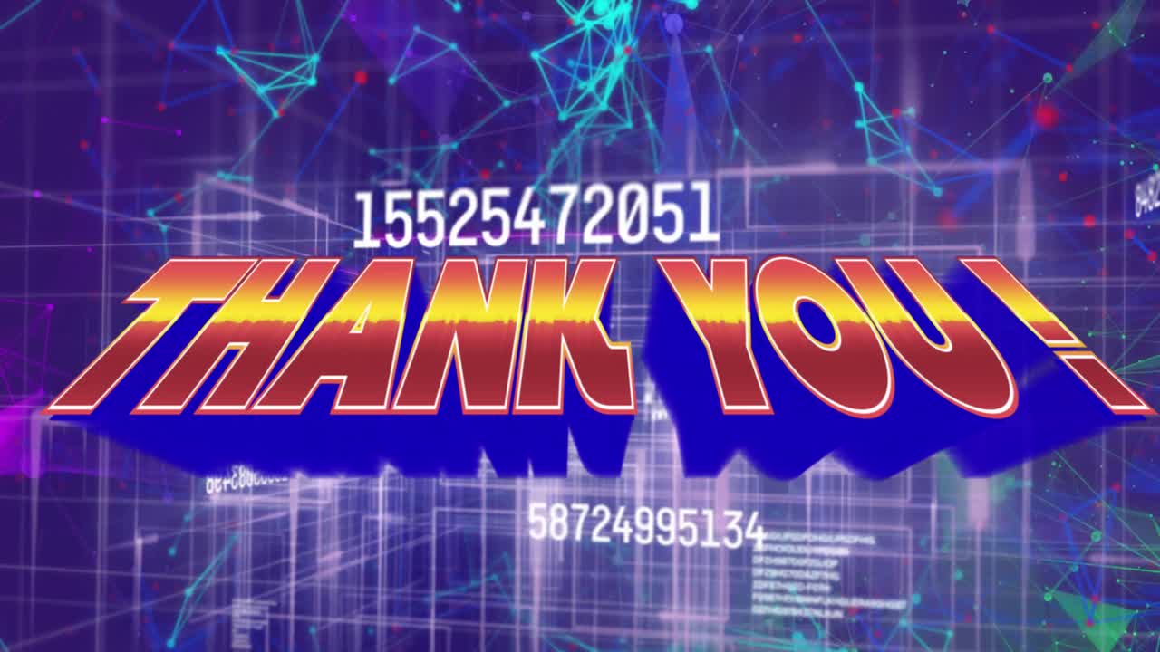 검은색 배경에 데이터 처리 및 연결 네트워크를 통해 감사 텍스트의 애니메이션