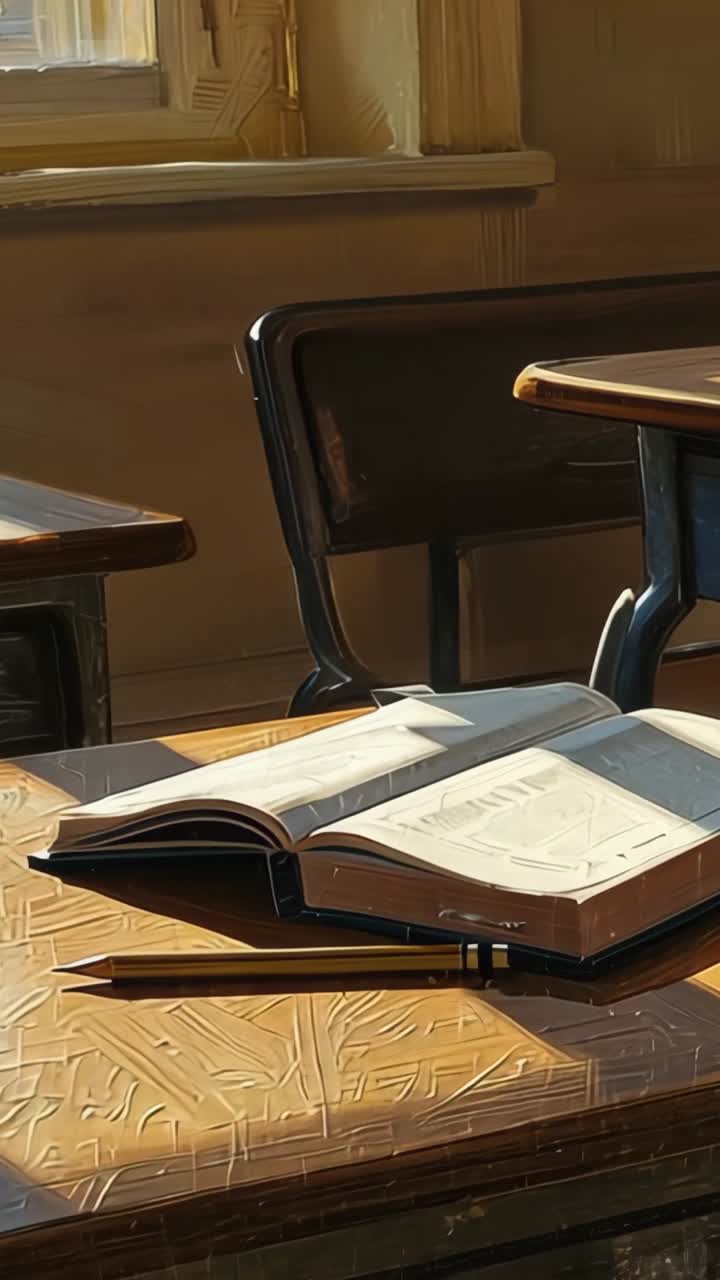 Vertical video: Streaming sunlight shifting patch across school desk, with open textbook and pencil