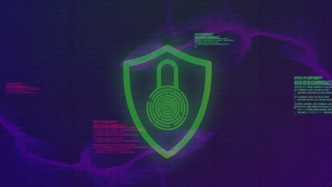 Animation-of-security-padlock-icon,-purple-digital-wave-and-data-processing-against-black-background