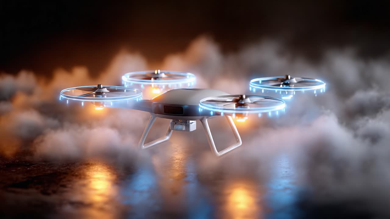 A Futuristic Drone Hovering Above Foggy Surface with Illuminated Propellers in a Mysterious Atmosphere, Capturing a Stunning Visual of Modern Technology in Action