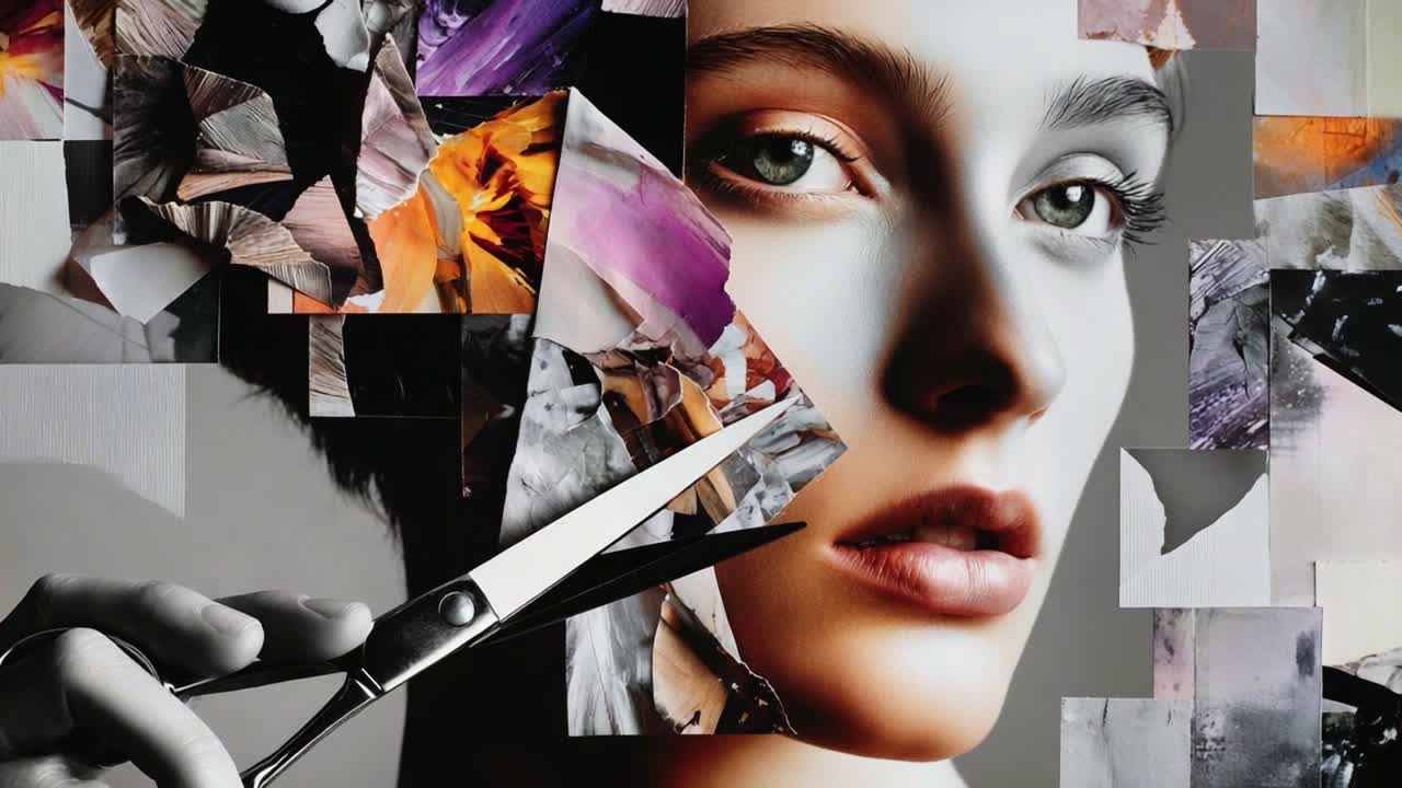 Artistic Transformation: A Close-Up of a Beautiful Woman with Scissors Carefully Cutting Colorful Paper Fragments, Overlapping Shapes Creating a Unique Collage Effect