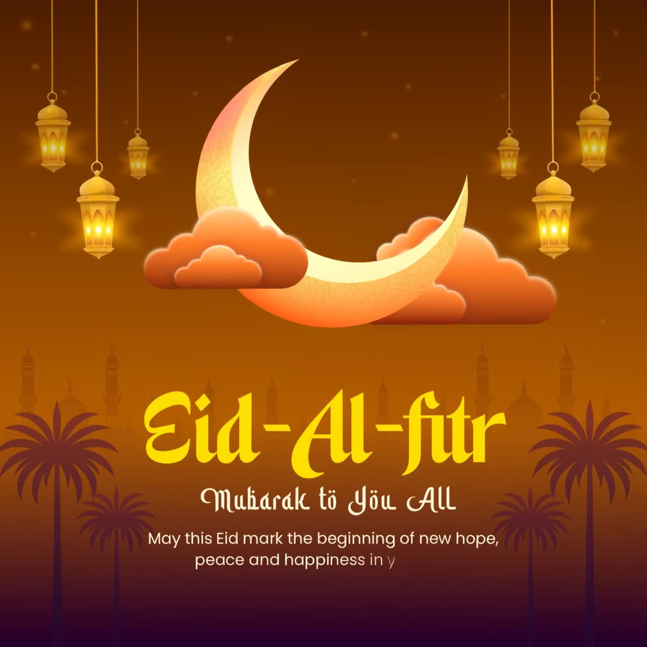 Animazione di auguri per l'Eid al-Fitr con luna crescente luminosa, lanterne sospese, palme e silhouette di moschea su sfondo sfumato arancione.