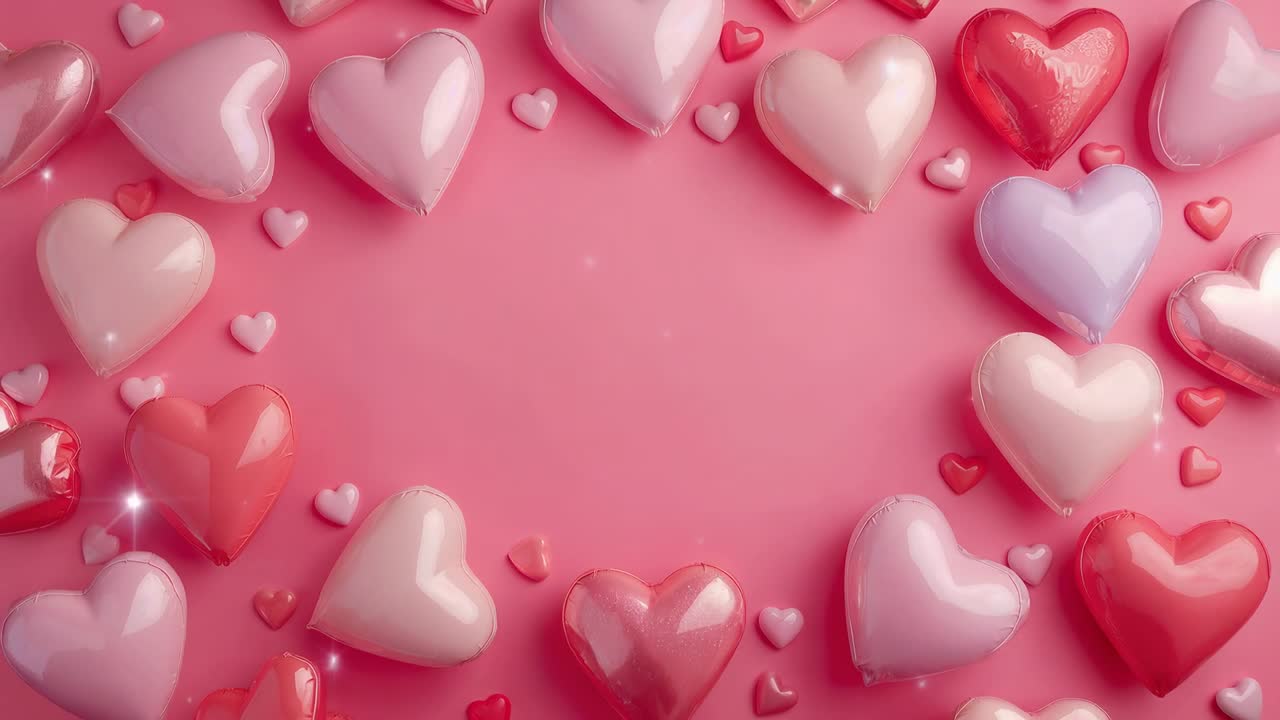 Illuminazione soffusa che cambia, bordo lucido a forma di cuore che luccica con coriandoli su sfondo rosa per biglietti
