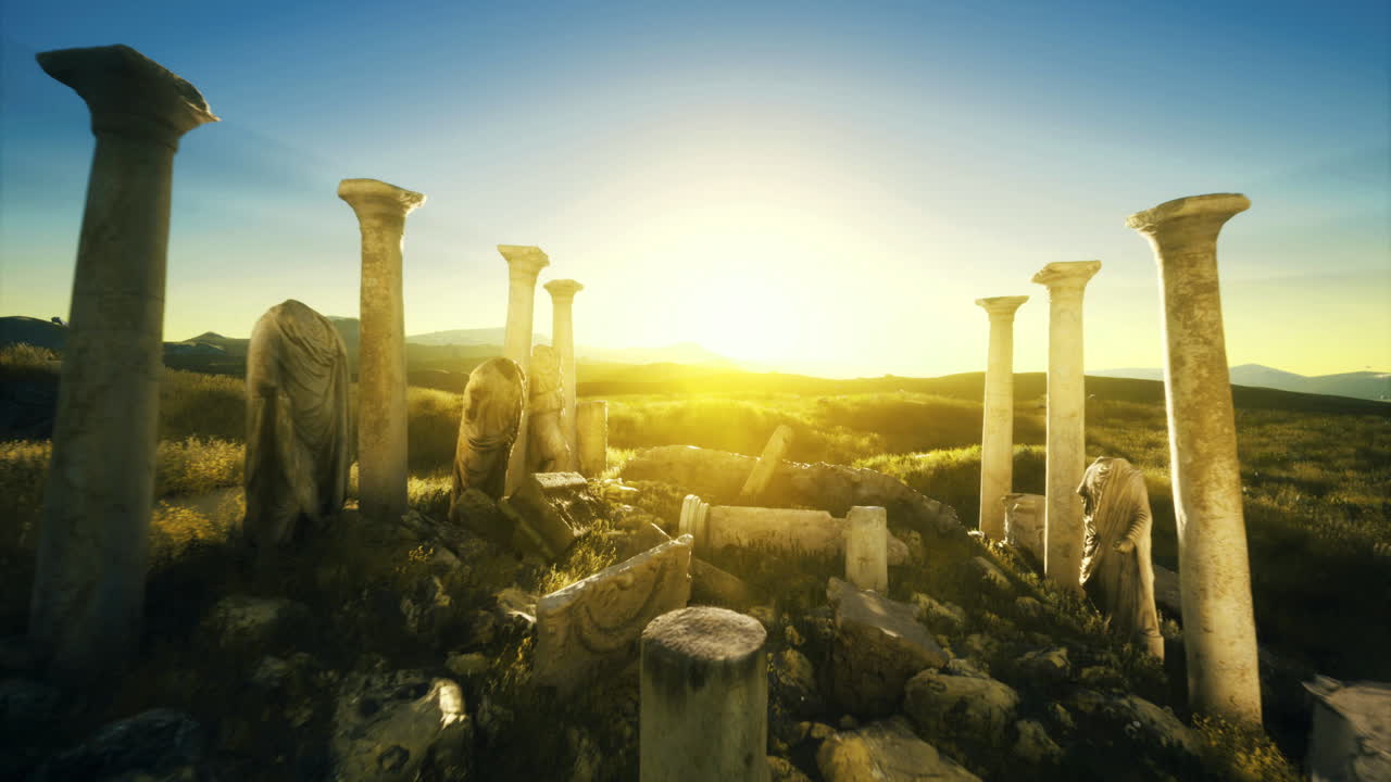 Ruins of ancient columns under a bright sunrise in a lush valley