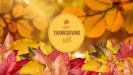 animation of thanksgiving text over autumn leaves scenery