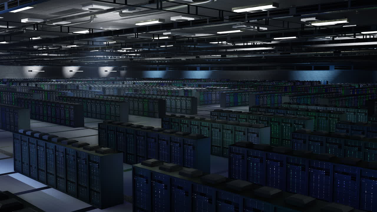 Equipment in dimly lit server room managing computing resources