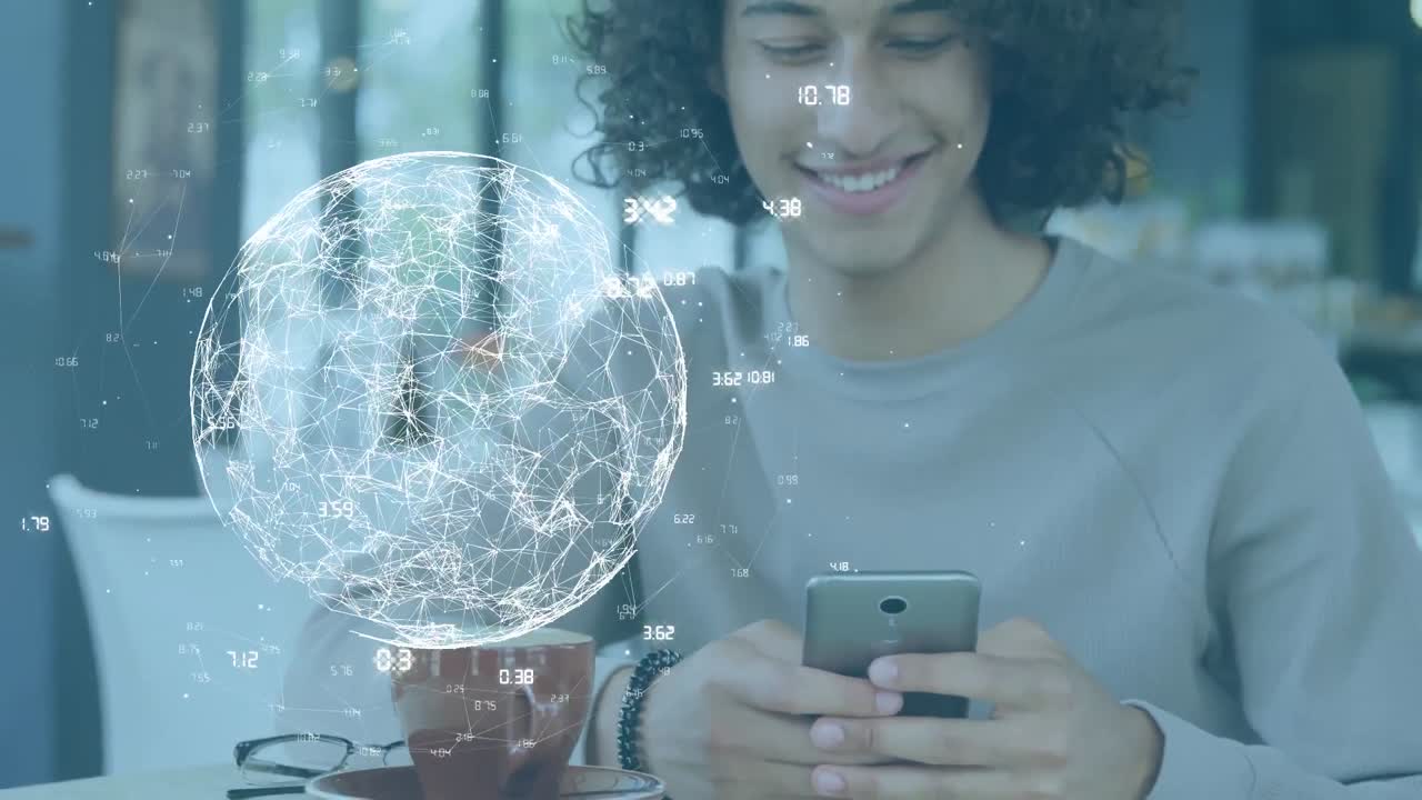 animación de la red de conexiones con el mundo sobre el hombre utilizando el teléfono inteligente