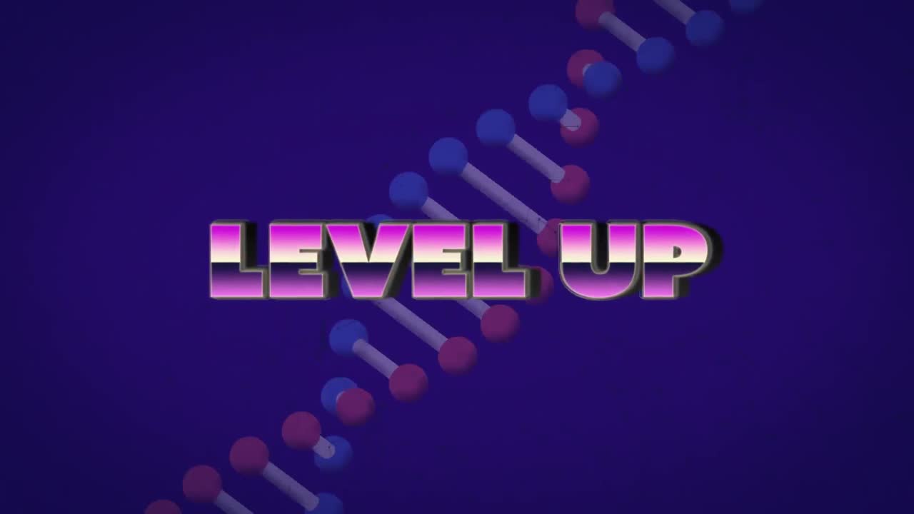 Animation of level up text over dna strand on blue background
