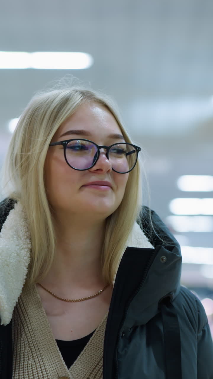 Giovane donna con occhiali e felpa nera che cammina in un centro commerciale ben illuminato, guardandosi intorno con un sorriso dolce, con uno sfondo sfocato di altri acquirenti e luci brillanti che creano un effetto bokeh.