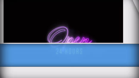 animation of blue and white panels opening over purple neon and yellow text open 24 hour, on black