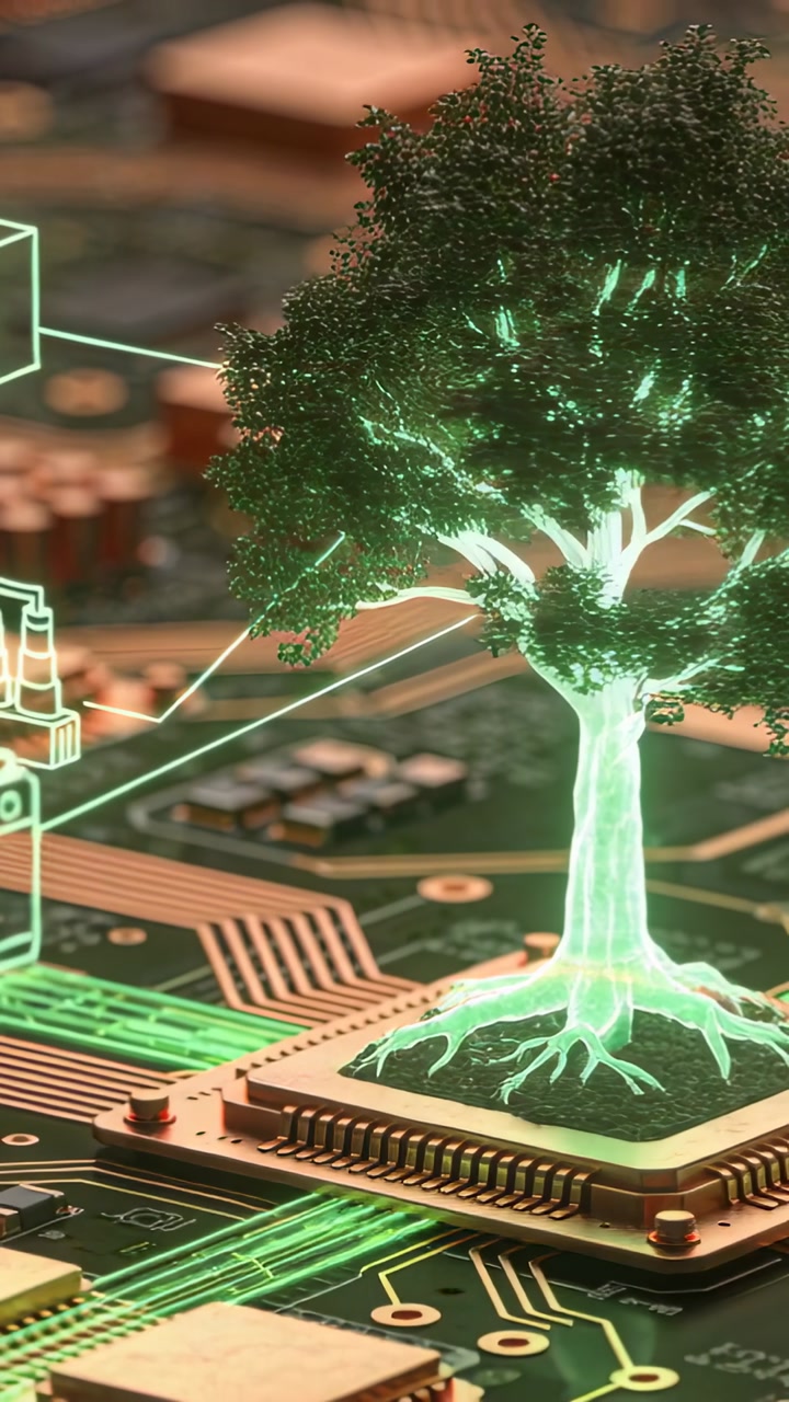 Vertical video: Receiving chip pulses, green holo tree glowing on socket, tracing neon lines