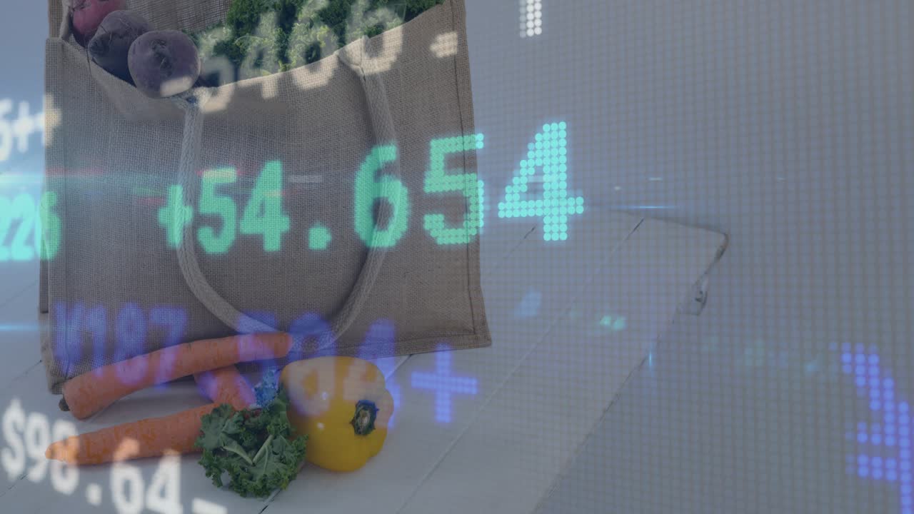 Sacola de juta com vegetais ao iniciar e painel de neon flutuante exibindo atualizações e visualizando tendências de mercado