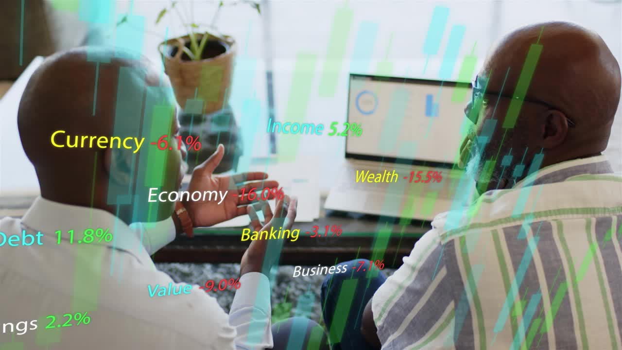 Senior man speaking, partner nodding, laptop updating dash spawning finance bars analyzing market