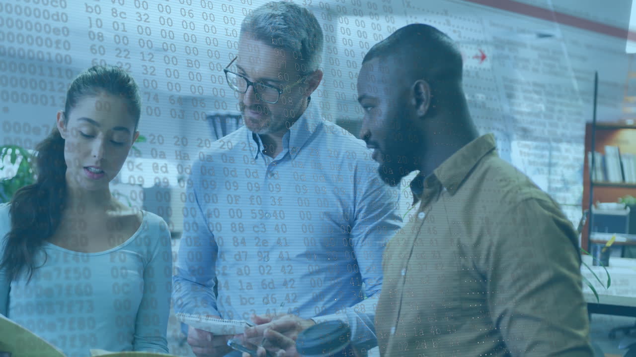 Collaborating on project, diverse team using animation with digital data in office