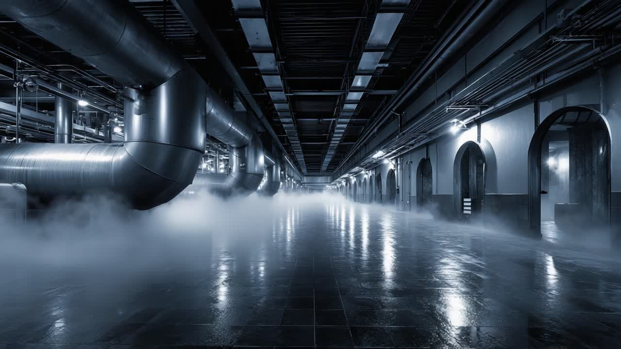 Mysterious Industrial Corridor Enveloped in Steam and Shadows, Featuring Metallic Pipes and Glossy Wet Floors that Create an Atmospheric Perspective