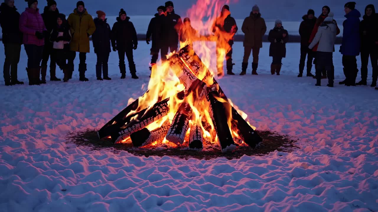 People gathered around a campfire in the snow