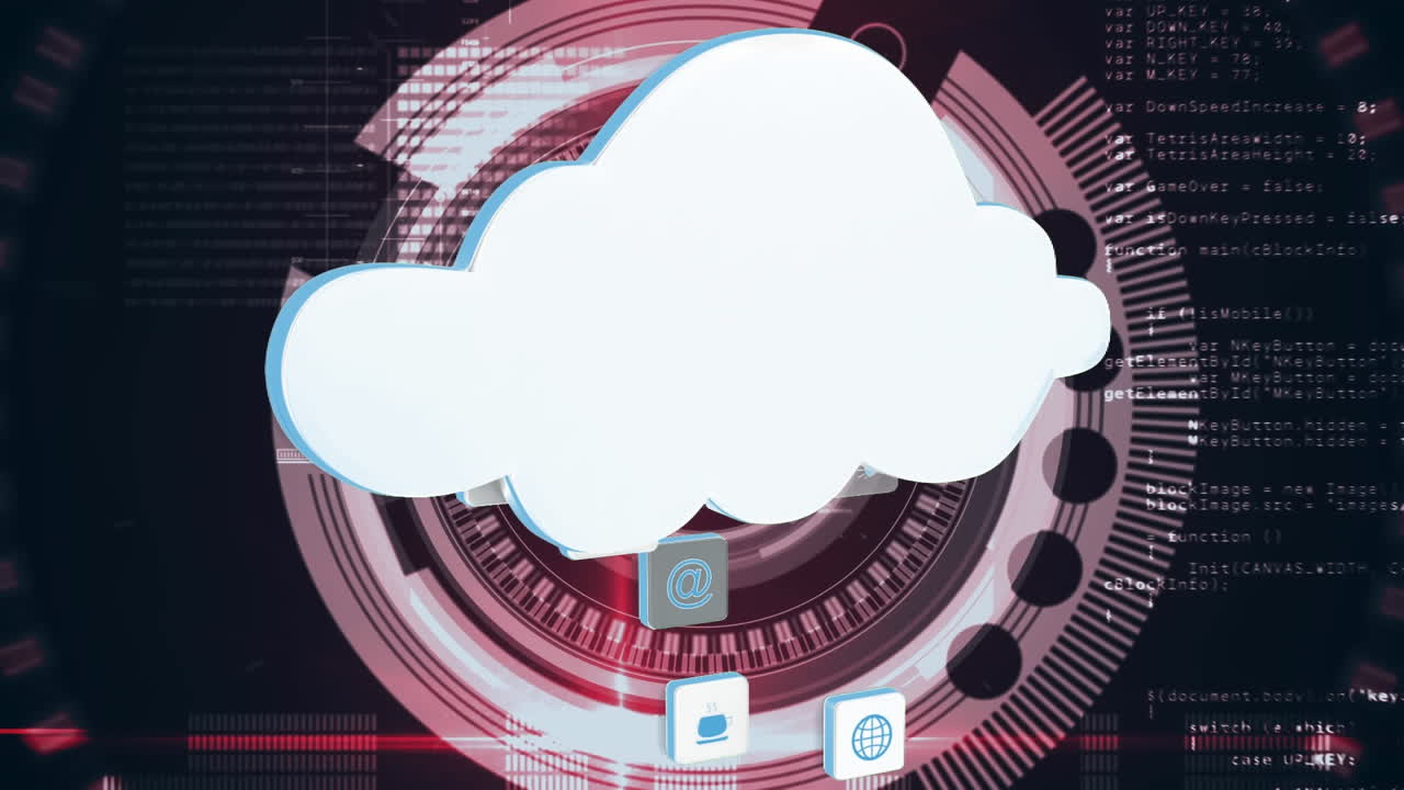 Cloud and different icons with digital circles and program codes in the background