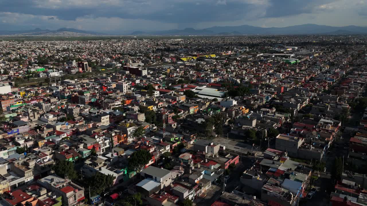 Drone flight over residential areas in Ecatepec, in Mexico City conurbation