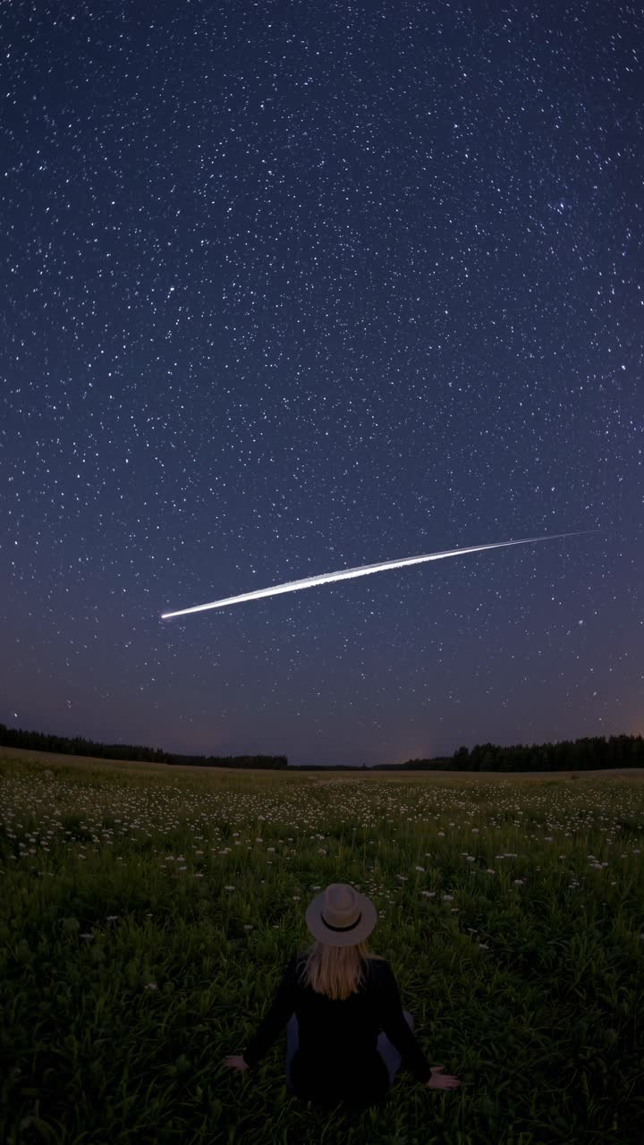 A wide-angle video captures a person in a field gazing at a starry night sky, evoking a sense
