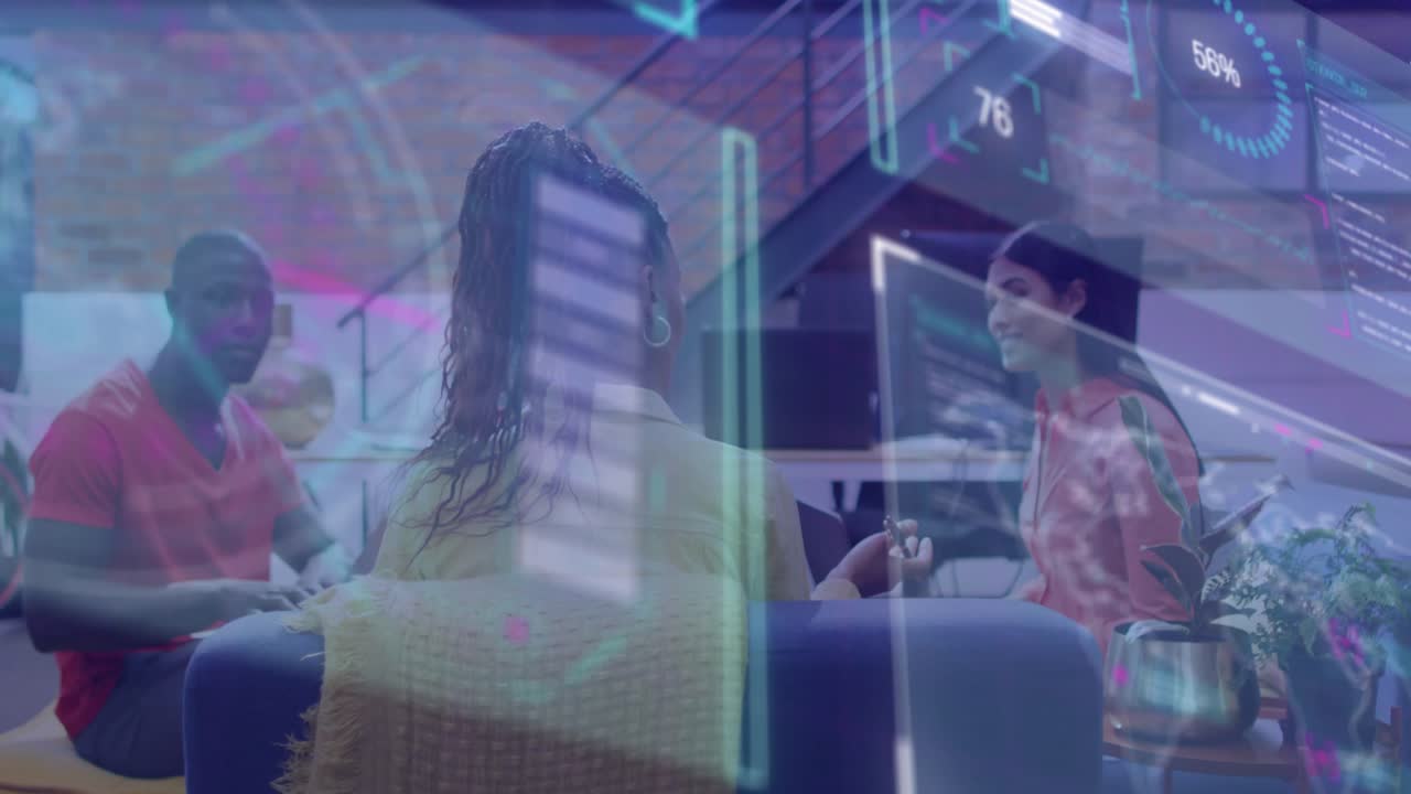 Three colleagues reacting to holographic data overlays and updating live business metrics in office