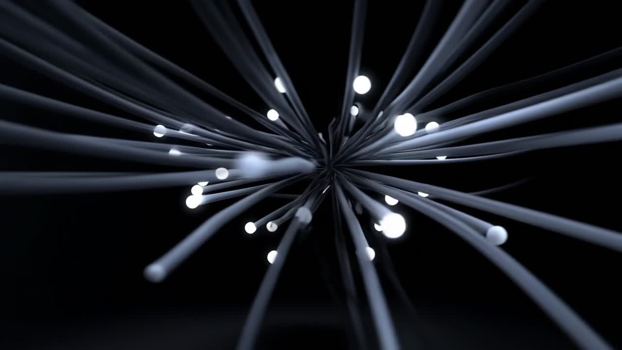 Dynamic light patterns in dark. Bright light points emerge from a center, creating a vibrant display of movement in a dark environment.